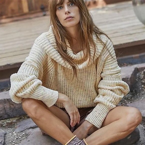 Free People Sweaters - NEW Free People Leo Tunic Sweater Fold Over Cowl Neck Pullover Sassy Peach XS